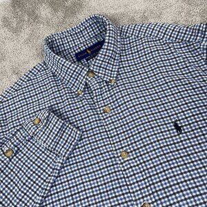 Polo Ralph Lauren Flannel Shirt Men's Size Large Blue Check Classic Fit EUC